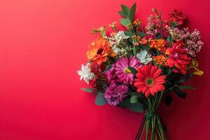 Vibrant Bouquet of Flowers on a Red Background photo
