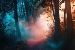 A Mystical Forest Path with Blue and Orange Smoke photo
