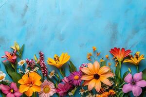 Colorful Summer Flowers on a Blue Background photo