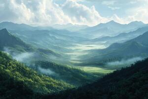 A Misty Valley Surrounded by Lush Green Mountains photo