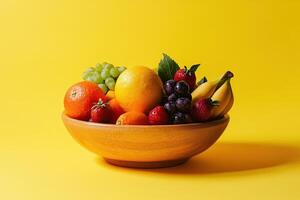 A Wooden Bowl Filled with Fresh Fruit on a Yellow Background photo