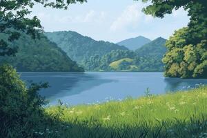 Serene Lake View Framed by Lush Green Trees photo