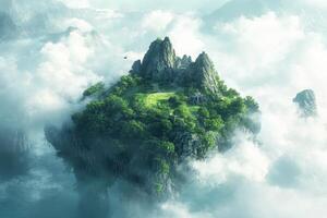 A Verdant Island Peak with a Stone Structure Emerging from the Clouds photo
