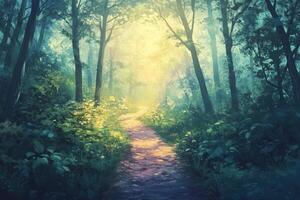 Sunlit Path Through a Misty Forest photo