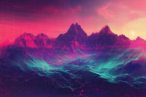 Pixelated Mountain Landscape with Glitch Effect and a Pink Sky photo