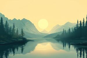 Tranquil Mountain Lake Reflecting a Yellow Sky at Sunset photo