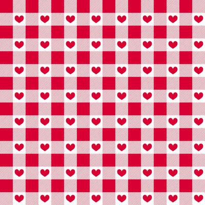 Gingham pattern, in shades of red and pink, with small heart shapes in the background. heart seamless pattern illustration, doodle summer, kids and baby designs for print fabric.