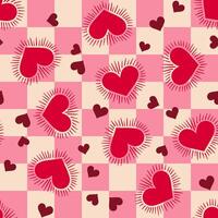 Heart pattern, in shades of pink and red, on a pink checkered background, heart seamless pattern illustration, doodle summer, kids and baby designs for print fabric. vector