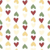 Small hearts in red, green, and yellow in a vertical pattern on a white background, heart seamless pattern illustration, doodle summer, kids and baby designs for print fabric. vector