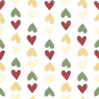 Small hearts in red, green, and yellow in a vertical pattern on a white background, heart seamless pattern illustration, doodle summer, kids and baby designs for print fabric.