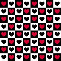 Black and white squares with red hearts, arranged in rows like a chessboard. heart seamless pattern illustration, doodle summer, kids and baby designs for print fabric. vector