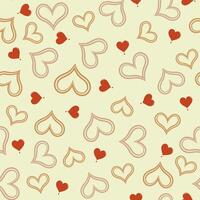 Small hearts in beige and red, heart-shaped outline on a light yellow background. seamless pattern , heart seamless pattern , doodle summer, kids and baby designs for use as fabric or paper. vector