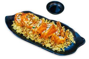 Top view of Salmon rolls, Delicious sushi with fish fillet photo
