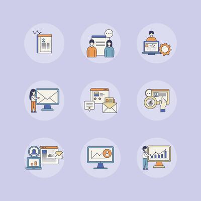 A set of 9 icons focusing on digital marketing strategies, ideal for online businesses and advertising campaigns.
