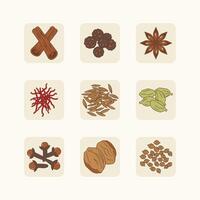 A collection of 9 essential Middle Eastern spices in a clean, simple icon style vector
