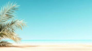 serene beach scene with palm leaves and clear blue sky photo