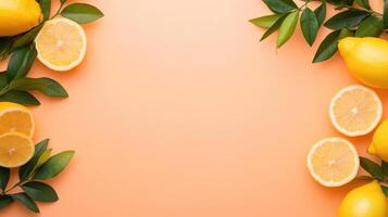 Fresh lemons and green leaves on soft peach gradient background photo