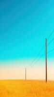 serene landscape featuring telephone poles against vibrant blue sky and golden grass photo