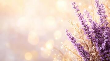 Delicate lavender flowers with warm ivory background and soft bokeh photo
