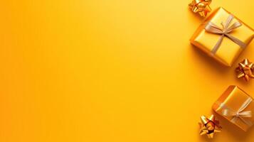 Bright yellow background with golden gift boxes and bows photo