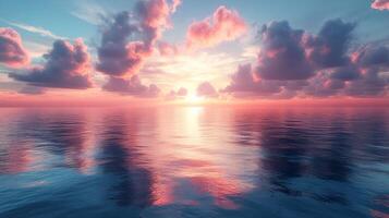 Sunset over the ocean with clouds reflected in the water photo