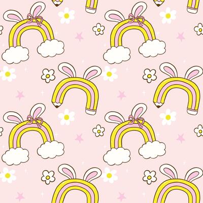 Retro Easter School Seamless Pattern, Rainbow Pencil Rainbow with Bunny Ears wallpaper background