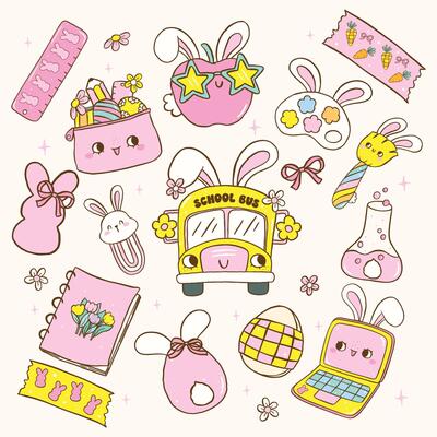 Retro Pastel School Supply with Easter Theme, Groovy Coquette Cartoon Outline collection