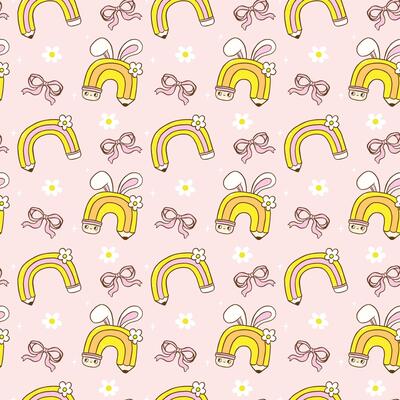 Retro School Easter Seamless Pattern, Rainbow Pencil Rainbow with Bunny Ears wallpaper background