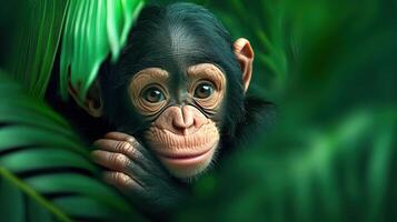Cute Baby Chimpanzee Peeking Through Green Tropical Leaves photo