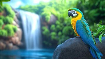Colorful Parrot by a Serene Waterfall in Lush Green Landscape photo