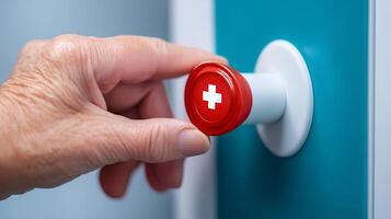 Hand Pressing Red Emergency Button with White Cross Symbol photo