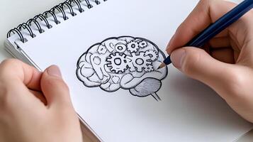 Artistic Representation of a Brain with Gears in a Sketchbook photo