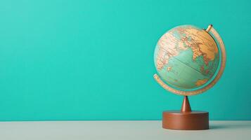 Vintage Globe on Stand Against Teal Background with Smooth Surface photo