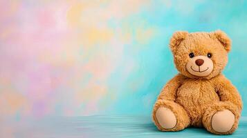 Cute and Soft Teddy Bear Sitting on Colorful Background photo