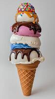 Colorful Ice Cream Cone with Multiple Scoops and Toppings photo