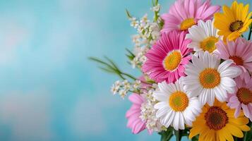 Beautiful Floral Arrangement with Colorful Daisies on a Blue Background photo