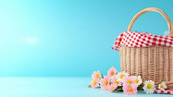 Picnic Basket with Pink Flowers and Red Checkered Cloth Background photo