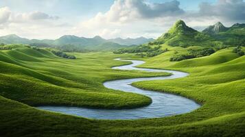 Serene Landscape with Lush Green Hills and Flowing River photo