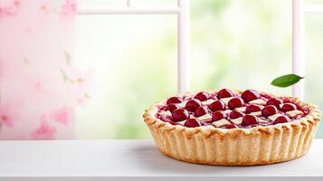 Fresh Cherry Pie on White Table with Soft Focus Background photo