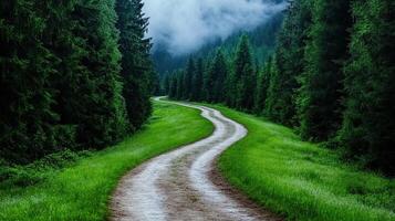 Peaceful Winding Path Through Lush Green Forest Landscape photo