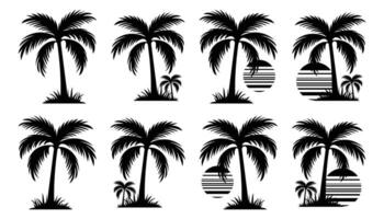 Set of plam tree with sun set silhouette black color vector