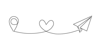Continuous line drawing of location to airplane. vector