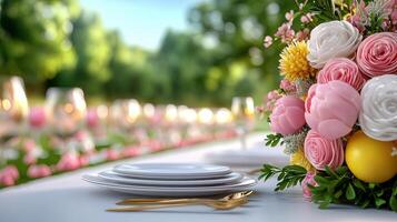 Elegant Table Setting with Floral Arrangement for Outdoor Event photo