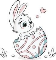 Easter bunny peeks out from a decorated eggshell vector