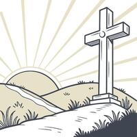 Rising Sun Cross atop a hill with a path leading towards it, set against a backdrop of a rising sun vector