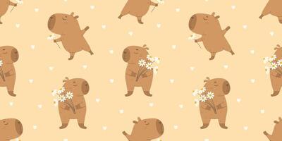 Funny capybaras with a bouquet of flowers pattern vector