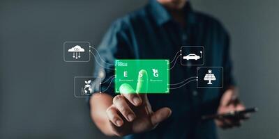 man use software to save energy,and reduce global warming,climate change,ecology friendly investment,ESG environment social governance,Green Business Innovation and Sustainable Development concept. photo