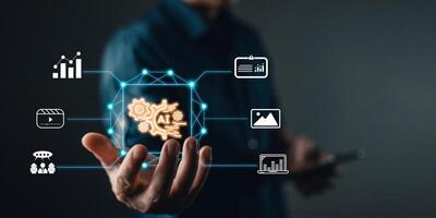 Man hold icon ai and use smartphone, Marketers education, research, analyze media streaming content creation and online marketing strategy to grow their digital business. photo