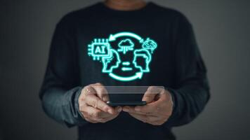 man holding command prompt ai chat. Big data storage computer tech.Digital Artificial Intelligence AI technology disruption concept. We are implementing storage technology support in the business. photo