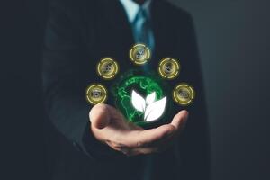 person hold to save energy,and reduce global warming,climate change,ecology friendly investment,ESG environment social governance,Green Business Innovation and Sustainable Development concept. photo